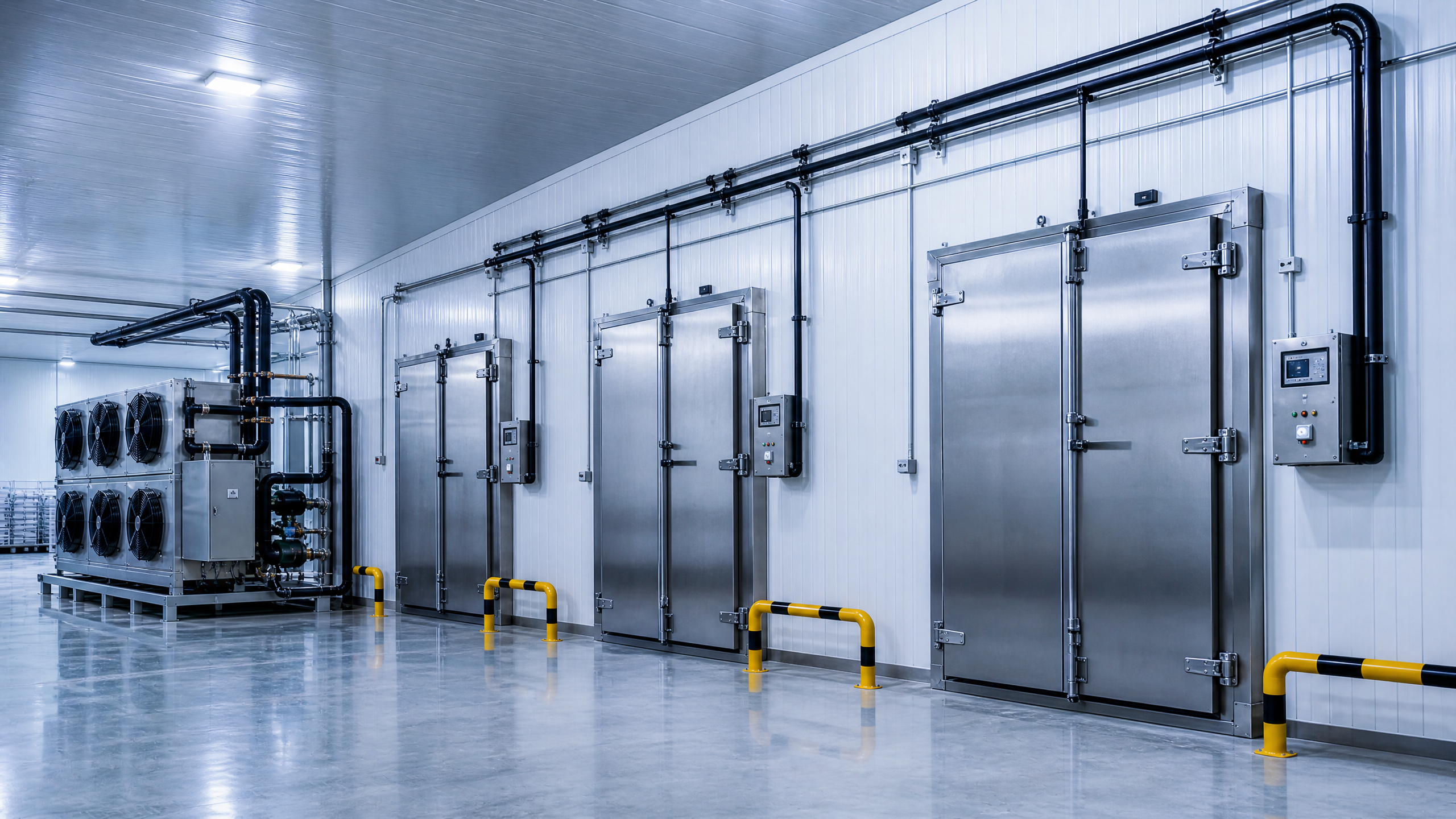 Industrial blast freezer installation with refrigeration piping