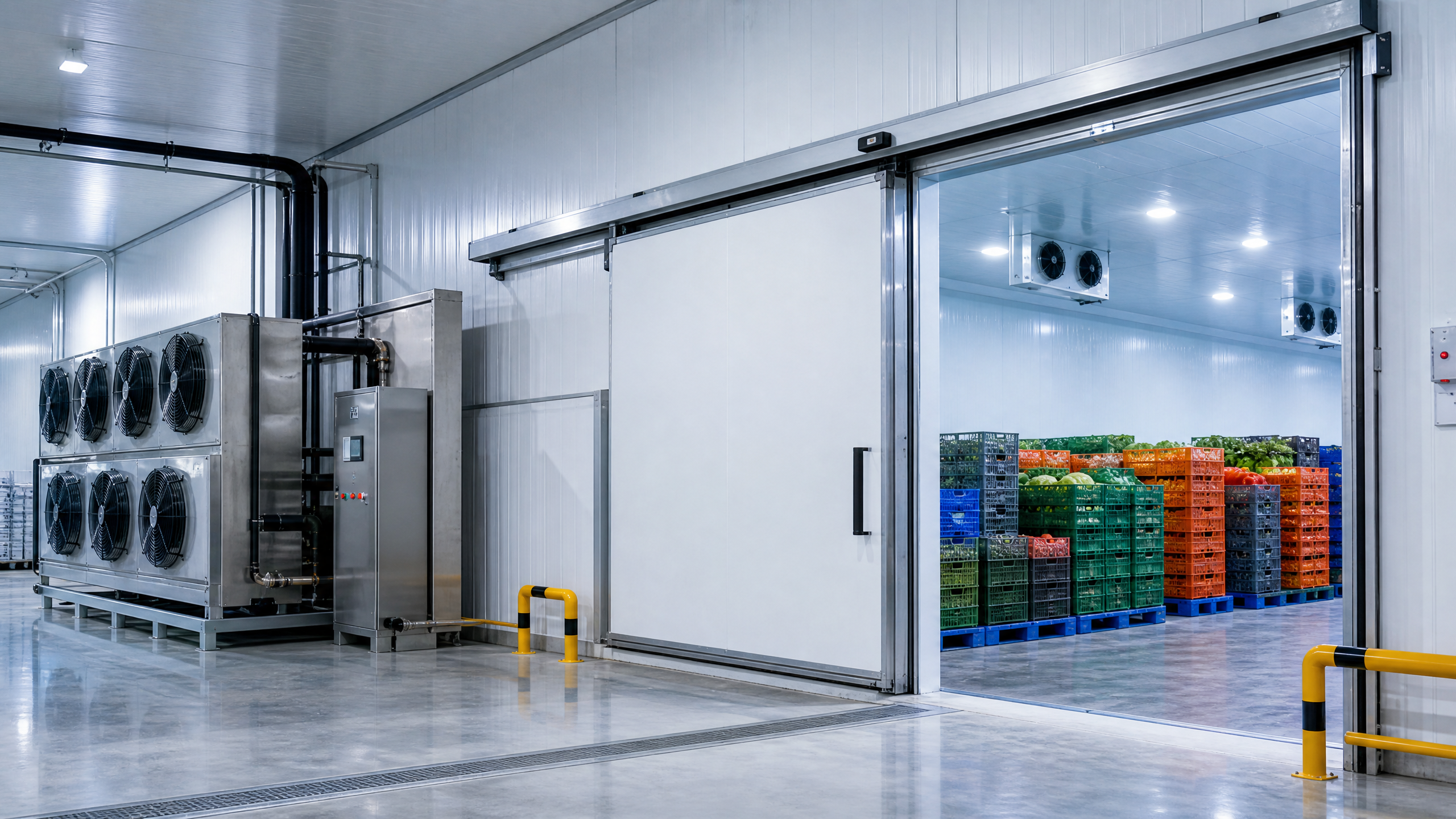 Modern cold storage facility with refrigeration equipment and produce crates
