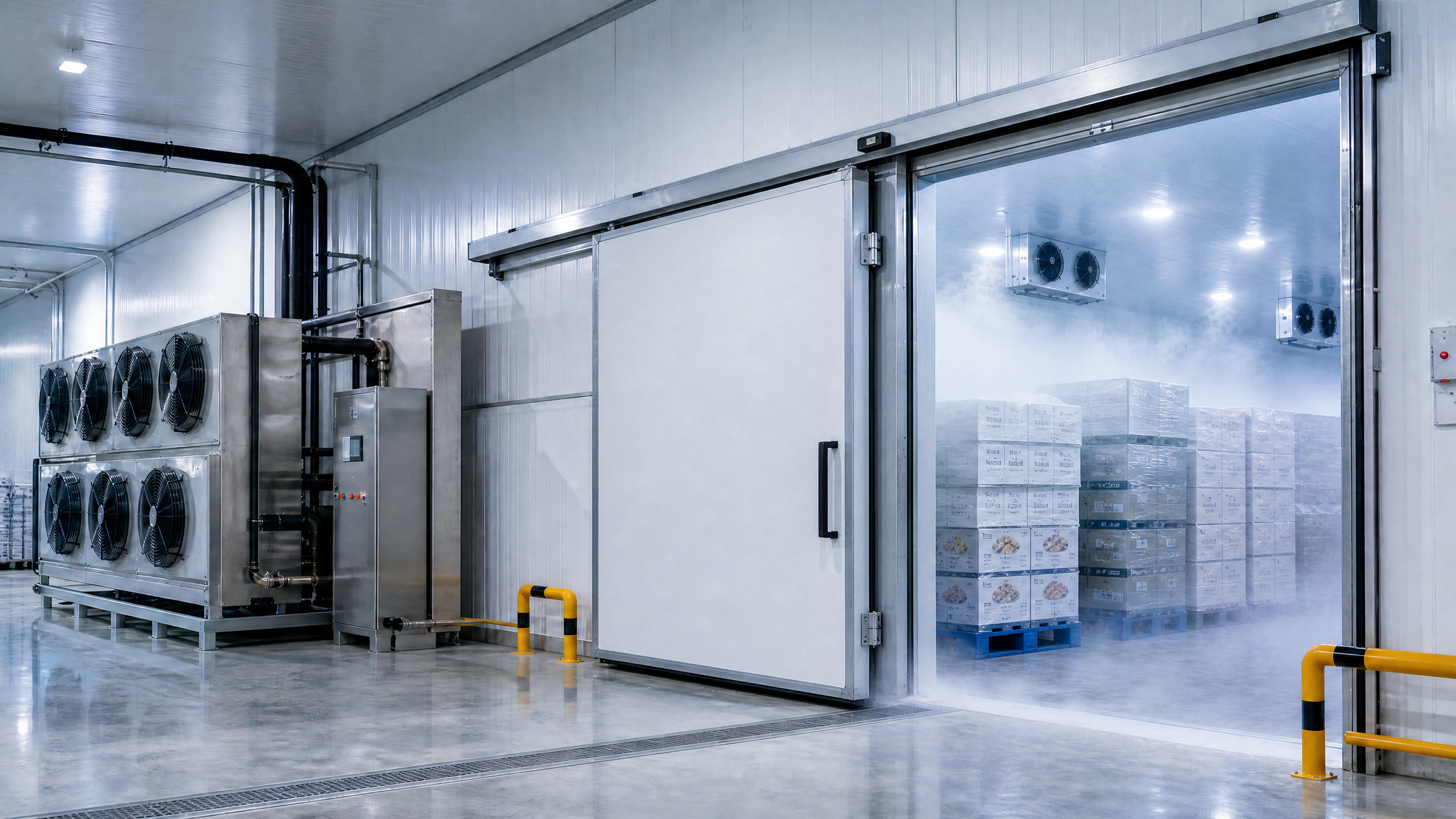 Walk-in freezer room with insulated doors and frozen goods