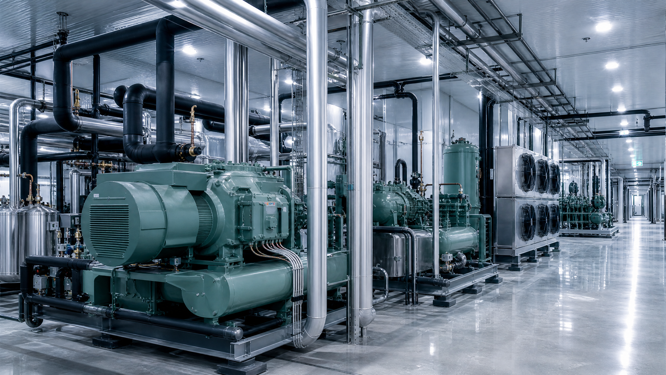 Industrial refrigeration plant with compressors and insulated piping