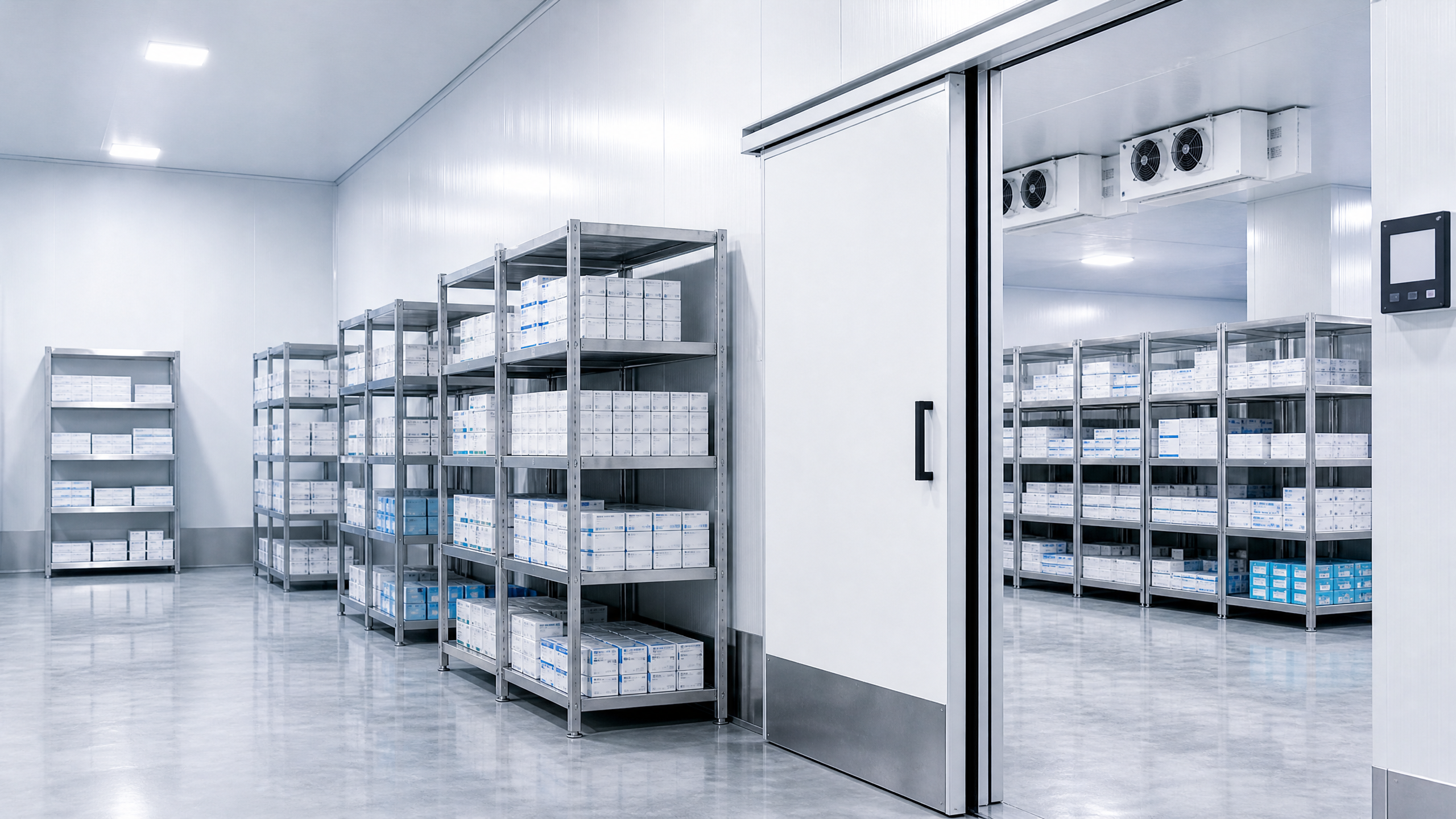 Pharmaceutical cold-chain room with organized medical storage